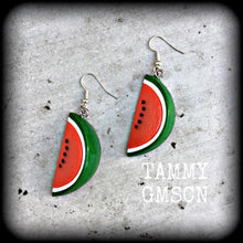 Load image into Gallery viewer, Watermelon earrings Vegan earrings Fruit earrings Kitsch earrings Retro earrings Food earrings Gifts for her Tunnel earrings Plug earrings