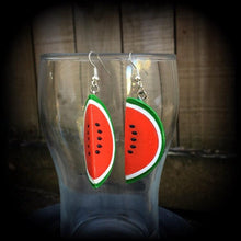 Load image into Gallery viewer, Watermelon earrings Vegan earrings Fruit earrings Kitsch earrings Retro earrings Food earrings Gifts for her Tunnel earrings Plug earrings