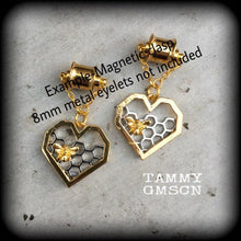 Load image into Gallery viewer, Bee hive earrings, Hexagon earrings, Honeycomb earrings, Bee earrings, Insect jewelry, Sacred Geometry,Tunnel earrings, Plug earrings, 14g