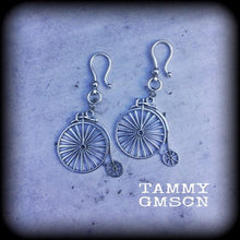 Load image into Gallery viewer, Retro ear hangers Ear weights Tunnel dangles Tunnel earrings Plug earrings Kitsch Boho Penny Farthing Bicycle Vintage Steampunk 00g 0g 2g 4g
