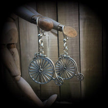 Load image into Gallery viewer, Retro ear hangers Ear weights Tunnel dangles Tunnel earrings Plug earrings Kitsch Boho Penny Farthing Bicycle Vintage Steampunk 00g 0g 2g 4g