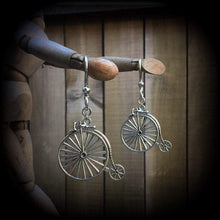 Load image into Gallery viewer, Retro ear hangers Ear weights Tunnel dangles Tunnel earrings Plug earrings Kitsch Boho Penny Farthing Bicycle Vintage Steampunk 00g 0g 2g 4g