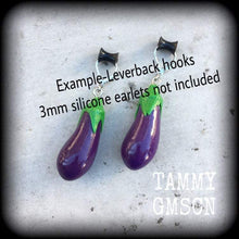 Load image into Gallery viewer, Emoji earrings Eggplant Vegetable Food Novelty Vegan Dangle Plug earrings Tunnel earrings Tunnel dangles Hanging gauges 00g 0g 2g 4g 6g 8g