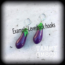 Load image into Gallery viewer, Emoji earrings Eggplant Vegetable Food Novelty Vegan Dangle Plug earrings Tunnel earrings Tunnel dangles Hanging gauges 00g 0g 2g 4g 6g 8g