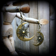 Load image into Gallery viewer, 00g 0g 8 gauge 6 gauge 4g bronze ear hangers 4mm Tunnel dangles Esoteric moon 2 gauge earrings 5mm plug dangles Hanging gauges Plug earrings