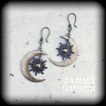 Load image into Gallery viewer, 00g 0g 8 gauge 6 gauge 4g bronze ear hangers 4mm Tunnel dangles Esoteric moon 2 gauge earrings 5mm plug dangles Hanging gauges Plug earrings