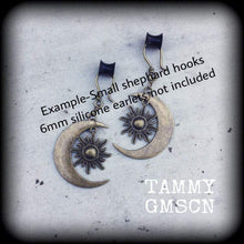 Load image into Gallery viewer, 00g 0g 8 gauge 6 gauge 4g bronze ear hangers 4mm Tunnel dangles Esoteric moon 2 gauge earrings 5mm plug dangles Hanging gauges Plug earrings