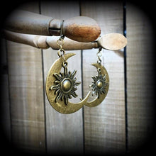 Load image into Gallery viewer, Moon earrings Esoteric moon earrings Sun and moon earrings Crescent moon earrings Occult earrings Tunnel earrings 3mm Plugs Gauged earrings