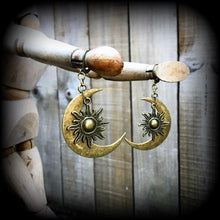 Load image into Gallery viewer, Moon earrings Esoteric moon earrings Sun and moon earrings Crescent moon earrings Occult earrings Tunnel earrings 3mm Plugs Gauged earrings