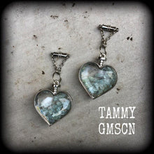 Load image into Gallery viewer, 6mm tunnel dangles 4 gauge tunnel earrings Magnetic clasp plug earrings Heart earrings Aquamarine earrings Crystal earrings Blue ear weights