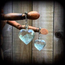 Load image into Gallery viewer, 6mm tunnel dangles 4 gauge tunnel earrings Magnetic clasp plug earrings Heart earrings Aquamarine earrings Crystal earrings Blue ear weights