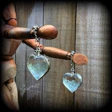 Load image into Gallery viewer, 6mm tunnel dangles 4 gauge tunnel earrings Magnetic clasp plug earrings Heart earrings Aquamarine earrings Crystal earrings Blue ear weights