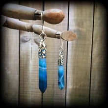 Load image into Gallery viewer, Blue agate earrings Gemstone earrings Plug earrings Crystal earrings Dangle earrings Ear hangers Gauged earrings Tunnel earrings Kidney hook