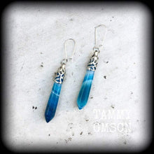 Load image into Gallery viewer, Blue agate earrings Gemstone earrings Plug earrings Crystal earrings Dangle earrings Ear hangers Gauged earrings Tunnel earrings Kidney hook