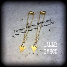 Load image into Gallery viewer, Sacred geometry earrings Triangle Tunnel earrings Dangle Plug earrings Elemental Alchemy Sigil Occult Esoteric Kidney hooks Pierced ears 2g