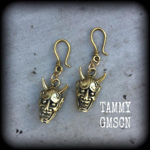 Hannya Mask earrings, 4mm ear hangers, Japanese earrings, Tunnel earring, Oni Mask, Plug earrings, Earrings for stretched ears, Pierced ears