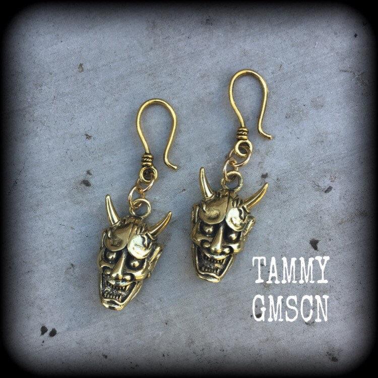 Hannya Mask earrings, 4mm ear hangers, Japanese earrings, Tunnel earring, Oni Mask, Plug earrings, Earrings for stretched ears, Pierced ears