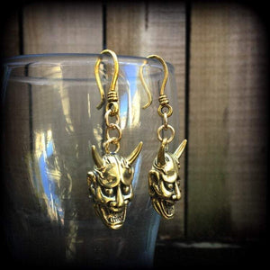 Hannya Mask earrings, 4mm ear hangers, Japanese earrings, Tunnel earring, Oni Mask, Plug earrings, Earrings for stretched ears, Pierced ears