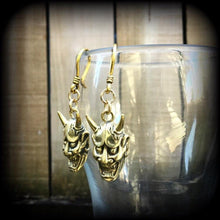 Load image into Gallery viewer, Hannya Mask earrings, 4mm ear hangers, Japanese earrings, Tunnel earring, Oni Mask, Plug earrings, Earrings for stretched ears, Pierced ears