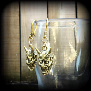Hannya Mask earrings, 4mm ear hangers, Japanese earrings, Tunnel earring, Oni Mask, Plug earrings, Earrings for stretched ears, Pierced ears
