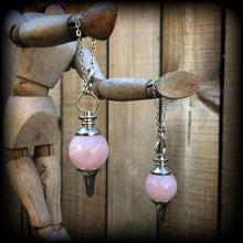 Load image into Gallery viewer, Rose Quartz earrings, Boho earrings, Ball earrings, Silver earrings, Chakra earrings, Pendulum, Wicca, Earrings for pierced ears, Crystal