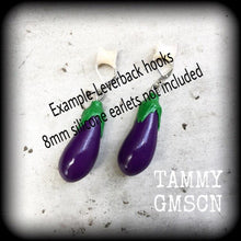 Load image into Gallery viewer, Emoji earrings Eggplant Vegetable Food Novelty Vegan Dangle Plug earrings Tunnel earrings Tunnel dangles Hanging gauges 00g 0g 2g 4g 6g 8g