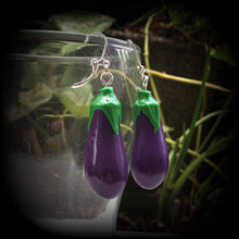 Load image into Gallery viewer, Emoji earrings Eggplant Vegetable Food Novelty Vegan Dangle Plug earrings Tunnel earrings Tunnel dangles Hanging gauges 00g 0g 2g 4g 6g 8g