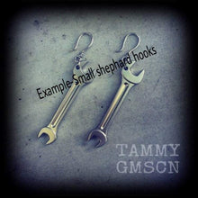 Load image into Gallery viewer, Weapon earrings Spanner earrings Mechanic earrings Tool earrings Tomboy jewelry 2 gauge tunnel earrings 8 gauge plug dangles 8mm ear hangers