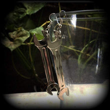 Load image into Gallery viewer, Weapon earrings Spanner earrings Mechanic earrings Tool earrings Tomboy jewelry 2 gauge tunnel earrings 8 gauge plug dangles 8mm ear hangers