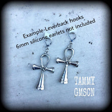 Load image into Gallery viewer, 2 gauge tunnel dangles 6mm plug earrings Ankh ear hangers Egyptian ear weights 00 gauge Tunnel weights Hanging gauges 0 gauge Plug dangles