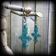 Load image into Gallery viewer, Cross Ear weights Bronze Ear hangers Lovecraft Evil Eye Esoteric Gauged earrings Verdigris Patina Tunnel dangles Plug dangles Hanging gauges
