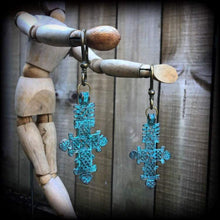 Load image into Gallery viewer, Cross Ear weights Bronze Ear hangers Lovecraft Evil Eye Esoteric Gauged earrings Verdigris Patina Tunnel dangles Plug dangles Hanging gauges