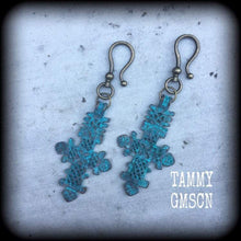 Load image into Gallery viewer, Cross Ear weights Bronze Ear hangers Lovecraft Evil Eye Esoteric Gauged earrings Verdigris Patina Tunnel dangles Plug dangles Hanging gauges