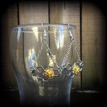 Load image into Gallery viewer, Bee earrings Bee hive earrings Hexagon jewelry Insect Tunnel earrings Geometric earrings Plug earrings Hanging gauges Tunnel dangles Plugs