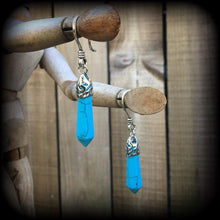 Load image into Gallery viewer, 3mm turquoise ear hangers 8 gauge ear weights Tunnel dangles Tunnel earrings Gemstone Plug earrings 6 mm gauged earrings Hanging gauges 0g