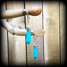 Load image into Gallery viewer, 3mm turquoise ear hangers 8 gauge ear weights Tunnel dangles Tunnel earrings Gemstone Plug earrings 6 mm gauged earrings Hanging gauges 0g