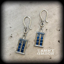 Load image into Gallery viewer, 3mm Tardis ear hangers 8 gauge Dr Who plug dangles Science Fiction weights Nerd earrings Plug dangles Gauged earrings 8mm tunnel dangles 6mm
