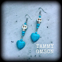 Load image into Gallery viewer, Skull earrings Day of the Dead earrings Los Muertos Heart earrings Frost Bite Halloween Ear hangers Tunnel dangles Plug earrings French hook