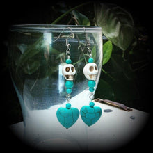 Load image into Gallery viewer, Skull earrings Day of the Dead earrings Los Muertos Heart earrings Frost Bite Halloween Ear hangers Tunnel dangles Plug earrings French hook