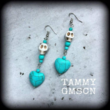 Load image into Gallery viewer, Skull earrings Day of the Dead earrings Los Muertos Heart earrings Frost Bite Halloween Ear hangers Tunnel dangles Plug earrings French hook