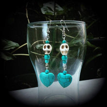 Load image into Gallery viewer, Skull earrings Day of the Dead earrings Los Muertos Heart earrings Frost Bite Halloween Ear hangers Tunnel dangles Plug earrings French hook