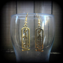 Load image into Gallery viewer, Cartouche earrings Nefertit earrings Egyptian earrings Evil eye earrings Eye of Ra Nefertiti jewelry Esoteric earrings Plug dangles Tunnels