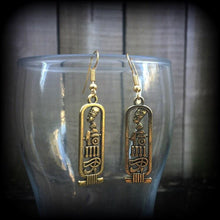Load image into Gallery viewer, Cartouche earrings Nefertit earrings Egyptian earrings Evil eye earrings Eye of Ra Nefertiti jewelry Esoteric earrings Plug dangles Tunnels