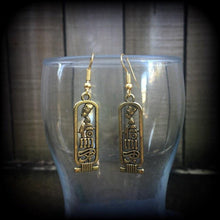 Load image into Gallery viewer, Cartouche earrings Nefertit earrings Egyptian earrings Evil eye earrings Eye of Ra Nefertiti jewelry Esoteric earrings Plug dangles Tunnels