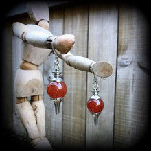 Load image into Gallery viewer, Jasper earrings, Red Jasper, Gemstone earrings, Pendulum earrings, Crystal earrings, Plug earrings, Organic earrings, Pierced ears, Gauges