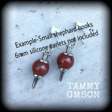 Load image into Gallery viewer, 8 gauge ear weights, 3mm stretchers, Red Jasper ear hangers, Gemstone weights, Tunnel dangles, Gauged earrings, Hanging gauges 2g 4g 6g 8g