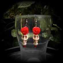 Load image into Gallery viewer, Los Muertos earrings Skull Red Rose Stone Day of the Dead Mexican earrings Halloween Tunnel earrings Plug earrings  Tunnel dangles 2g 4g 6g