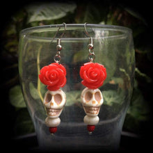 Load image into Gallery viewer, Los Muertos earrings Skull Red Rose Stone Day of the Dead Mexican earrings Halloween Tunnel earrings Plug earrings  Tunnel dangles 2g 4g 6g