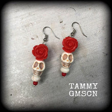 Load image into Gallery viewer, Los Muertos earrings Skull Red Rose Stone Day of the Dead Mexican earrings Halloween Tunnel earrings Plug earrings  Tunnel dangles 2g 4g 6g