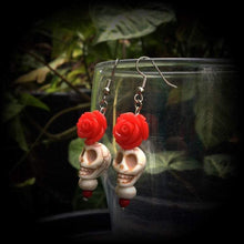 Load image into Gallery viewer, Los Muertos earrings Skull Red Rose Stone Day of the Dead Mexican earrings Halloween Tunnel earrings Plug earrings  Tunnel dangles 2g 4g 6g